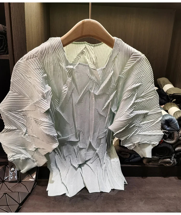 LANMREM New Batwing Sleeve Pleated Women's T-shirt American Style Loose Versatile Chic Round Collar Pullover Tops 2DB6558