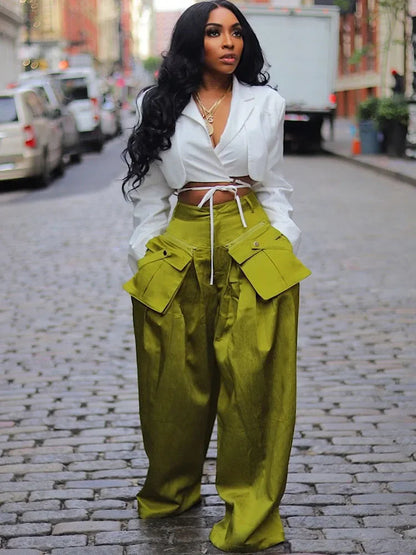Solid Color Multi-pocket Loose Pants Women High Street Wide Leg Pants Straight High-waisted Oversized Y2K Trousers Pantalones
