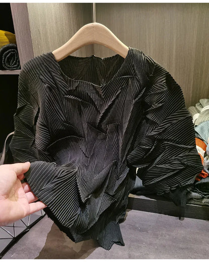 LANMREM New Batwing Sleeve Pleated Women's T-shirt American Style Loose Versatile Chic Round Collar Pullover Tops 2DB6558