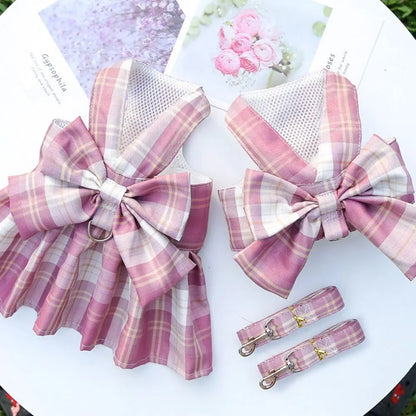 Reusable with Leash Traction Dog Plaid JK Dress Thin Dacron Pet Harness Skirt Adjustable Washable Dog Bow Skirt Rabbit