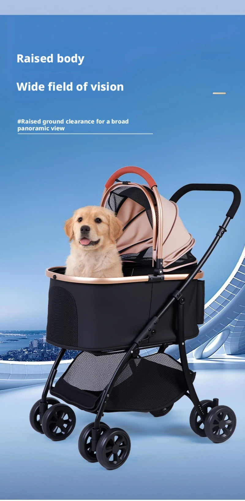 Pet Stroller 2-in-1 Detachable with Removable Lightweight Carrier Basket One-Click Fold 4-Wheel Dog Cat Trolley Breathable Mesh Windows Large Storage Space for Small Medium Pets