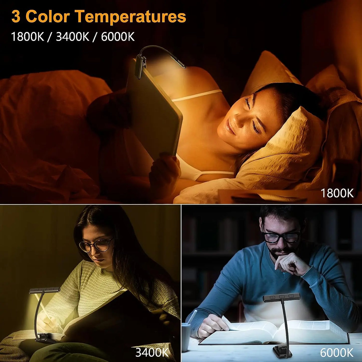 Eye Caring Clip-on Reading Book Light 3 Colors 10 Brightness USB Rechargeable Flexible Easy Clip For Piano Lamp Sheet Music Read