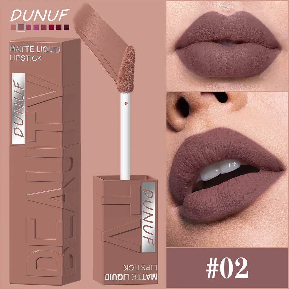 DUNUF  8-color matte velvet smooth easy-to-apply square tube lip gloss waterproof three-dimensional plumping lipstick