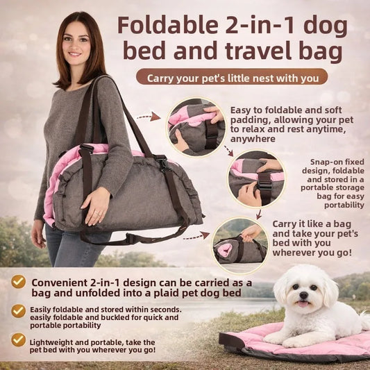 2‑in‑1 Portable Pet Travel Bag, Foldable Breathable Cat Dog Carrier Handbag, Car Small Pet Bed Mat for Outdoor Travel