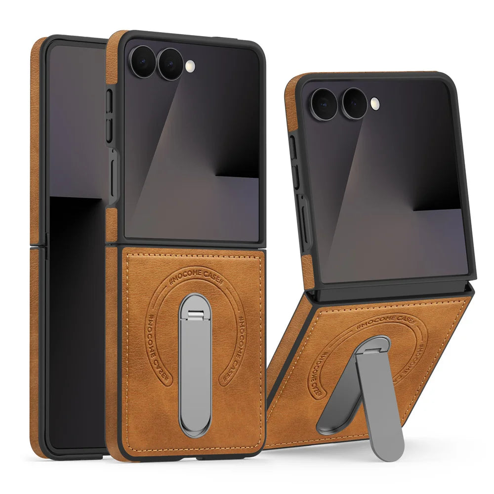 Luxury Invisible Fold Stand Magnetic Leather Phone Case For Samsung Z Flip 7 FE 6 5 4 3 5G For Magsafe Wireless Charging Cover