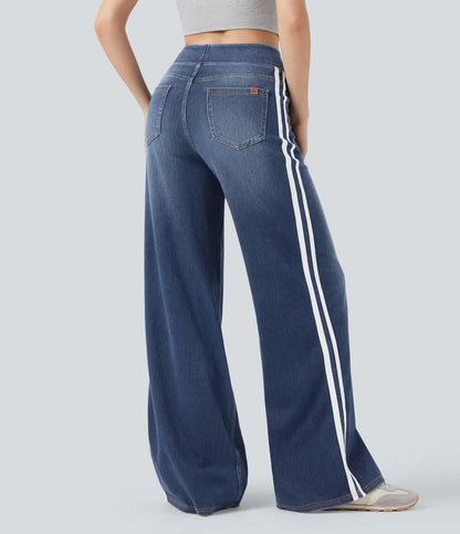 Retro Washed Blue Side Stripe Jeans Women's Y2K High Street Loose Wide Leg Pants Casual Comfortable High Waist Denim Jeans