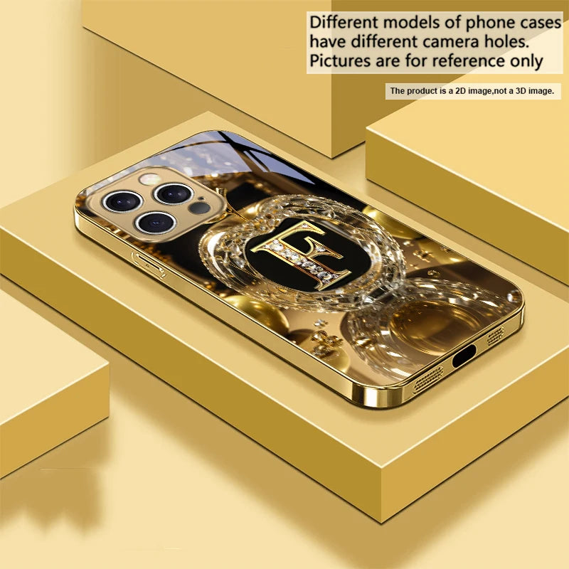 High end golden letter 'F' For IPhone 16 17Pro Max 15 P ro 14 13 Plus 12 Mini 11Pro Max XR 16E 17 Air Golden glass phone case