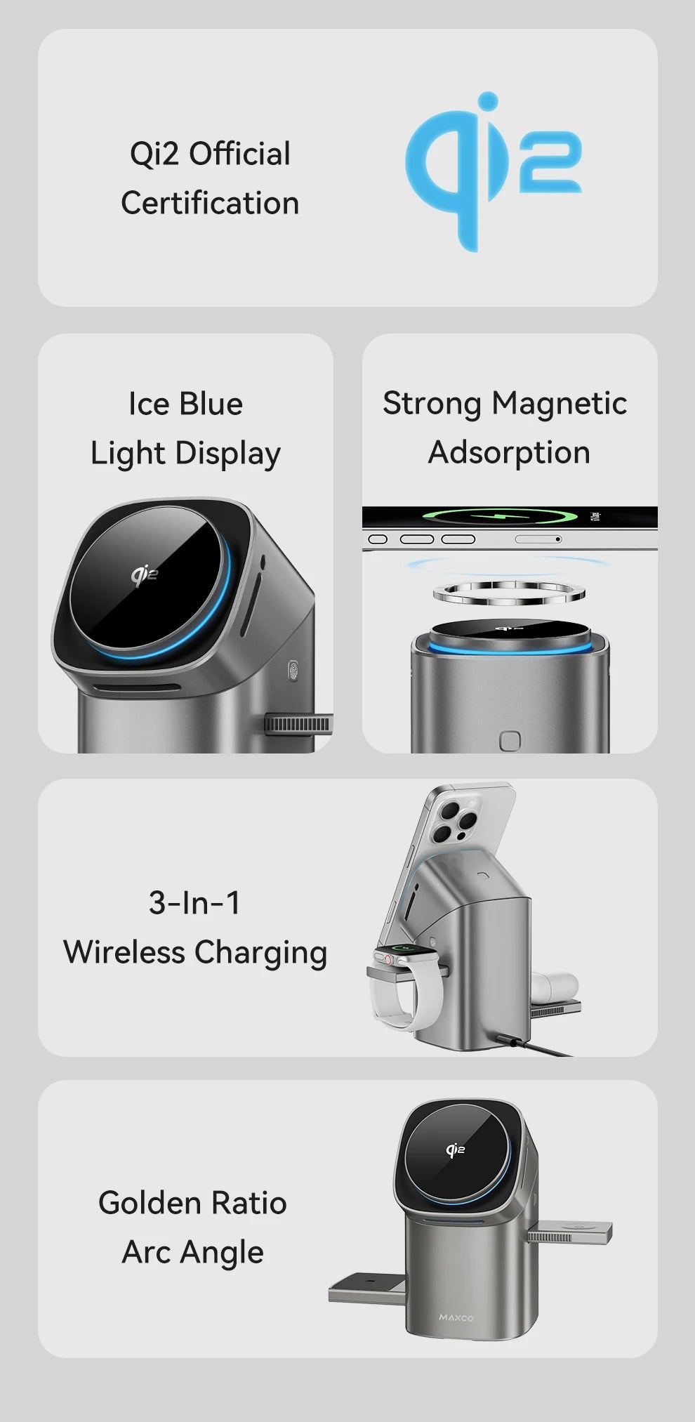 MAXCO Qi2 3-in-1 Wireless charger with Auto-Rotating Phone Dock compatible with MagSafe for iPhone Apple Watch Ultra 2 Airpods