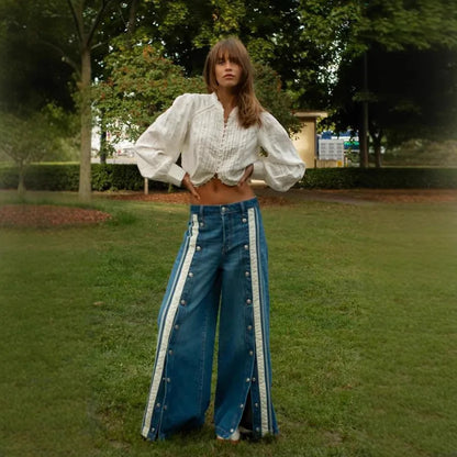 New European American Fashionable, Retro and Individuality Wide-leg Floor-length Denim Trousers with A Slit and Two-tone Design