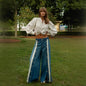 New European American Fashionable, Retro and Individuality Wide-leg Floor-length Denim Trousers with A Slit and Two-tone Design