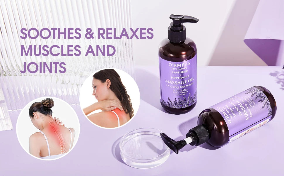 Lavender & Peppermint Infused Massage Body Oil - Warming & Moisturizing Formula for Men & Women, 10.2 Fl.Oz