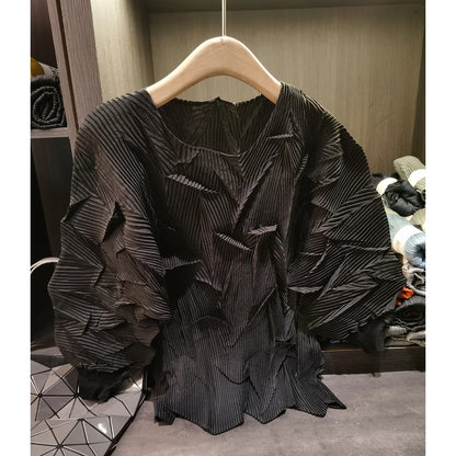 LANMREM New Batwing Sleeve Pleated Women's T-shirt American Style Loose Versatile Chic Round Collar Pullover Tops 2DB6558