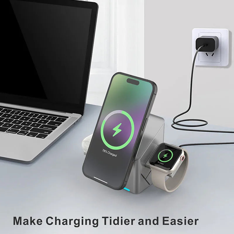 Qi2 3 in 1 Magsafe Wireless Chargers Station for iPhone & Samsung Magnetic Charging Dock for Apple Watch Charger