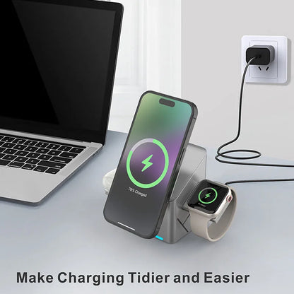 Qi2 3 in 1 Magsafe Wireless Chargers Station for iPhone & Samsung Magnetic Charging Dock for Apple Watch Charger