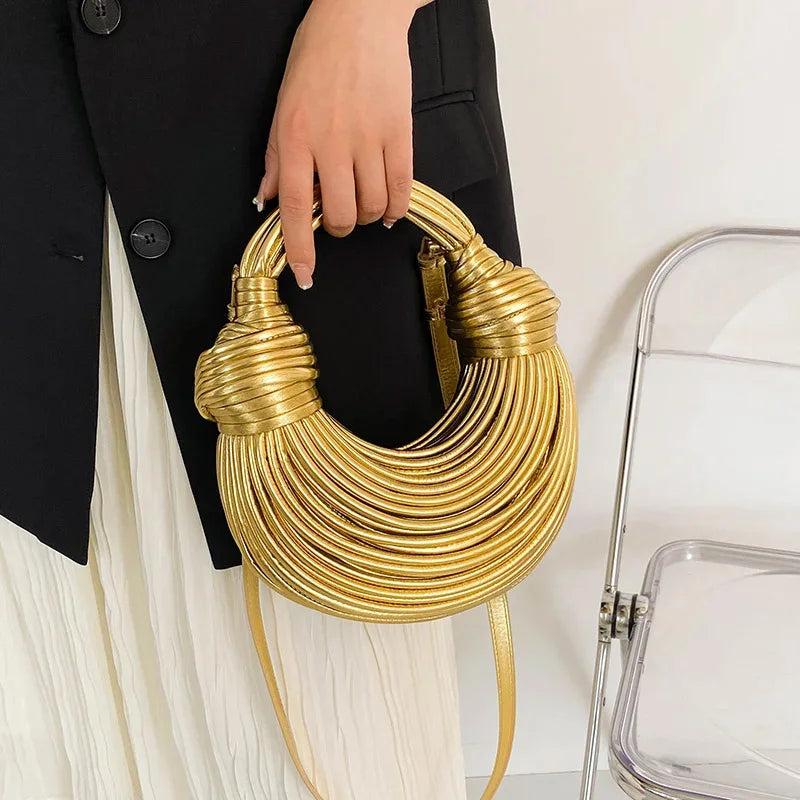 2026 New Gold Handbags for Women Luxury Designer Brand Handwoven Noodle Bags Rope Knotted Evening Clutch Underarm Dumpling Bag