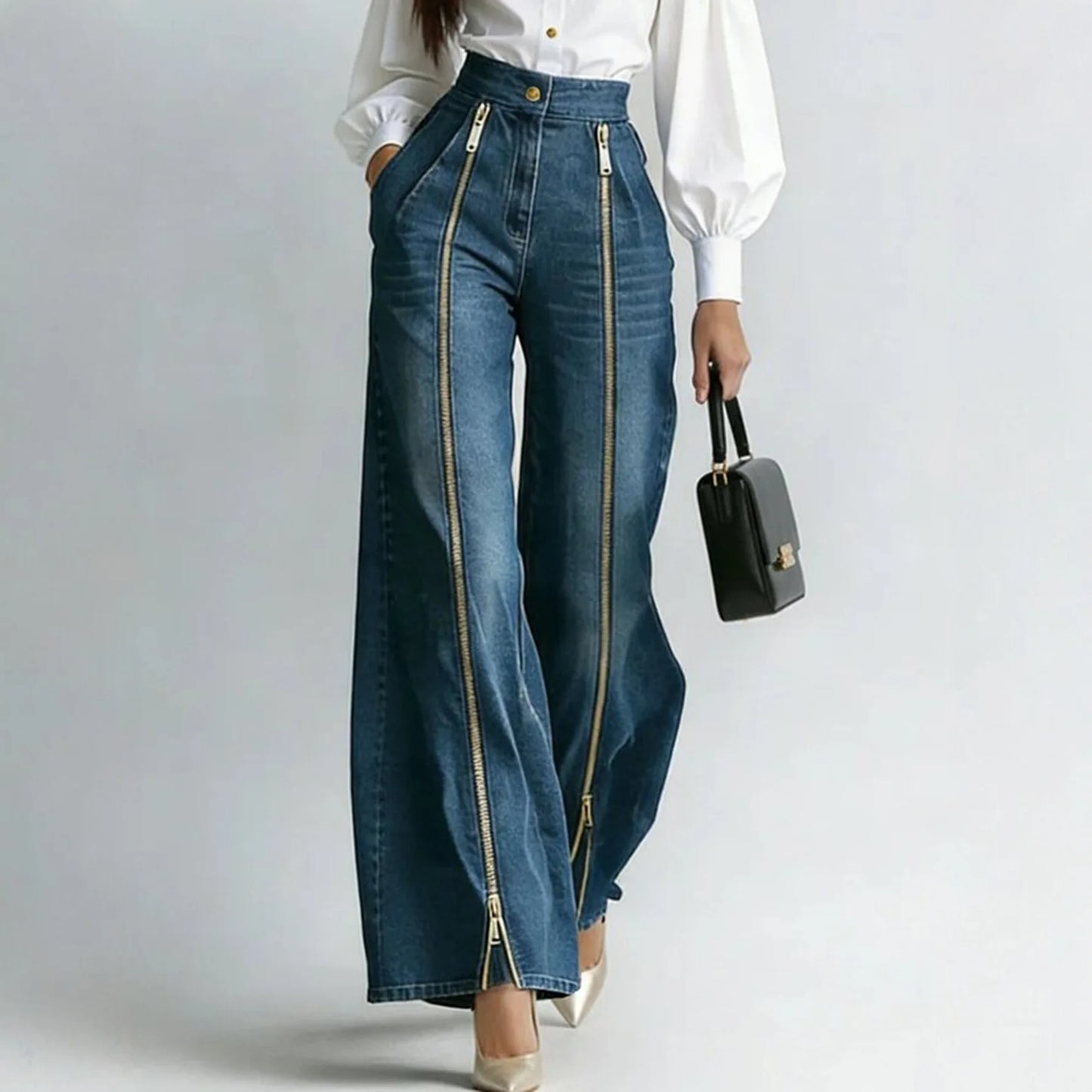 Women's Fashion Zipper Decor Slant Pocket Wide Leg Jeans Casual Pockets High Waist Elegant Loose Denim Trousers