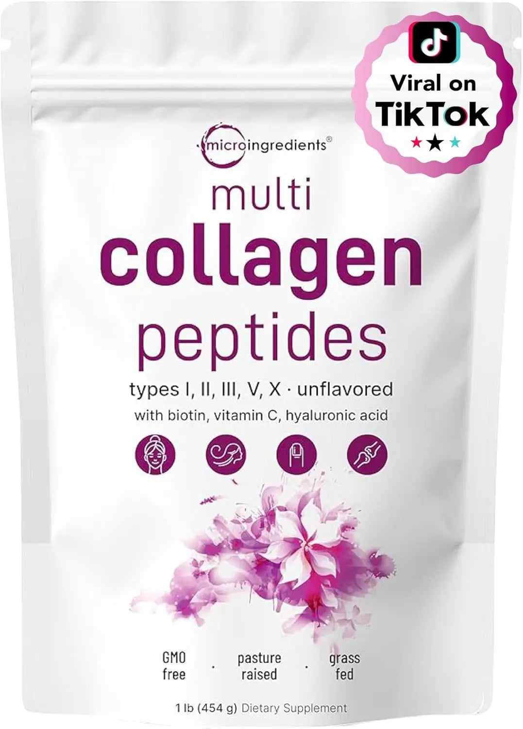 Multi Collagen Protein Powder 1 Pounds Type I II III V X with Biotin 10000mcg Hyaluronic Acid Vitamin C Unflavored Keto Paleo