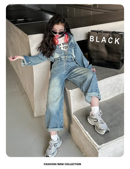 2025 Spring teen Kids girl Denim Jumpsuits Long Sleeve Overalls Children Fashion Jeans Loose Trousers Korean junior Girls Outfit