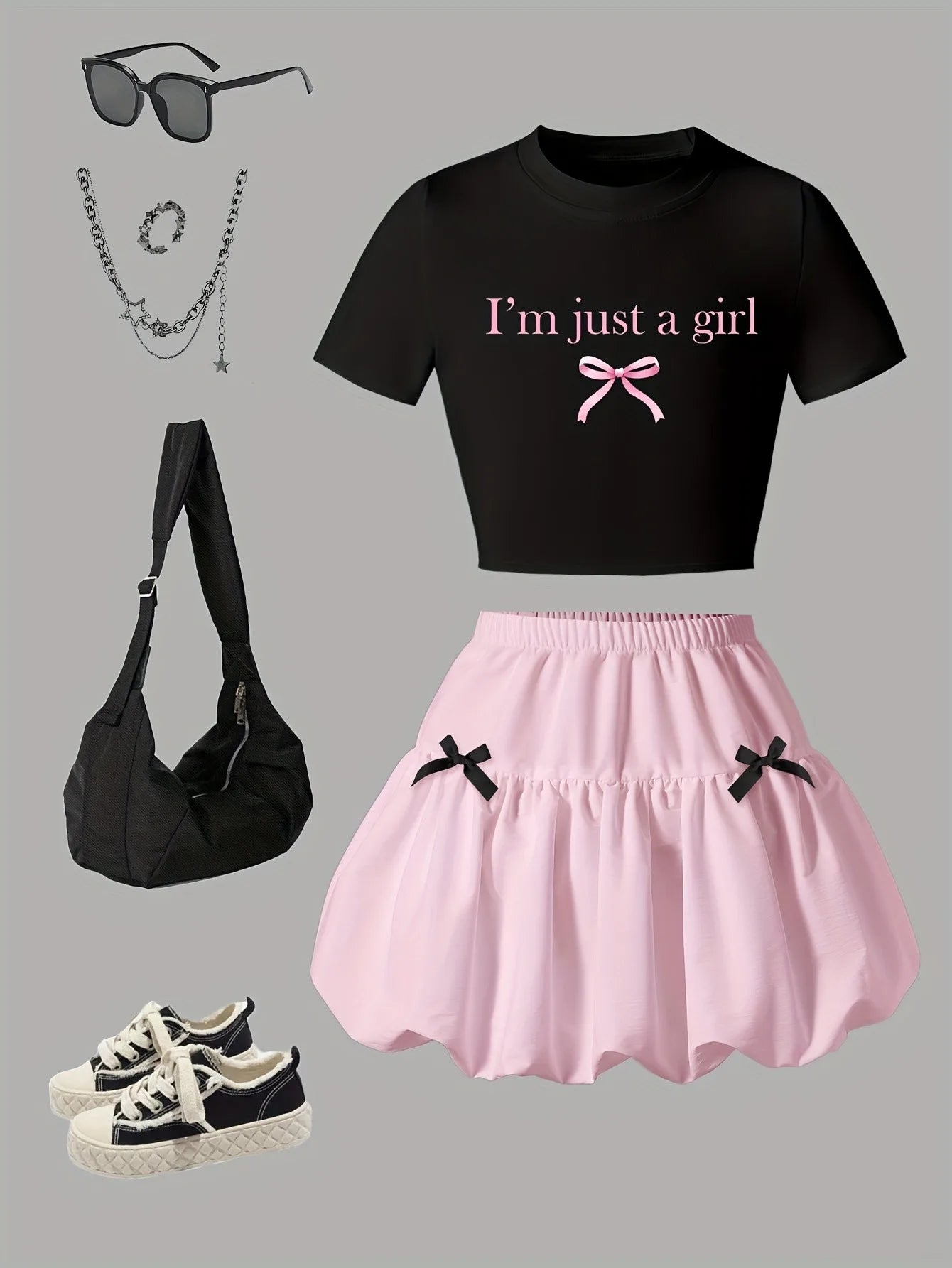 Letter Print 2-Piece Crop Top & Pink Bow Bubble Skirt Set Girls Summer Casual Cute Outfit