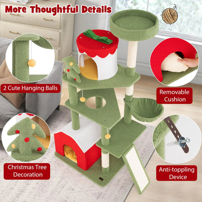 61" Tall Christmas Cat Tree w/ Sisal Scratching Posts Plush Perch & 2 Condos