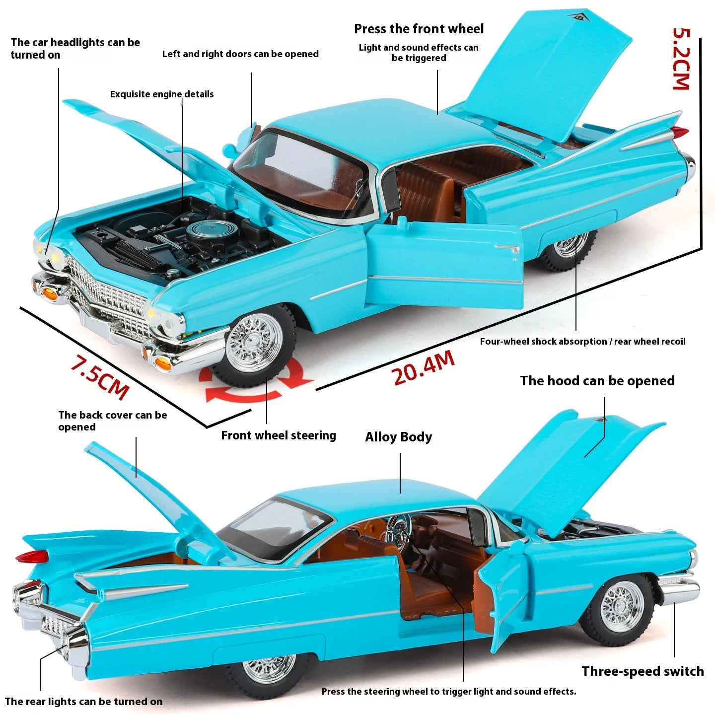 Cadillac Eldorado 1959 Metal Diecast Retro Car Model 1/24 Scale Sound and Light Back Pull Boy Gift Ornament Halloween Toys