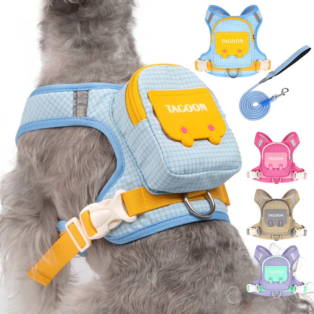 Dog Cat Harness and Leash Set, Reflective Adjustable Pet Vest with Backpack  for Small Medium dogs