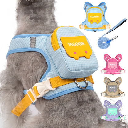 Dog Cat Harness and Leash Set, Reflective Adjustable Pet Vest with Backpack  for Small Medium dogs