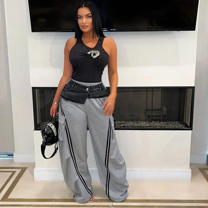 Customized Fashion Women Denim Patchwork Pocket Side Wide Leg Loose Jogger Pants Active Jean Splicing Sweatpants Trousers
