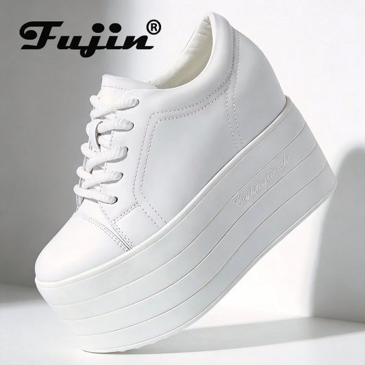 Fujin 12cm Genuine Leather Synthetic Women Autumn Spring Platform Wedge Women Fashion Sneakers Chunky Shoes Vulcanize Skateboard