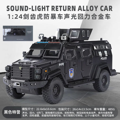 Swordtooth Tiger Police Car scale 1/24 Toy Model Alloy Diecast Explosion Proof Vehicles Door Opened Sound Light Pull Back Decoration Gift