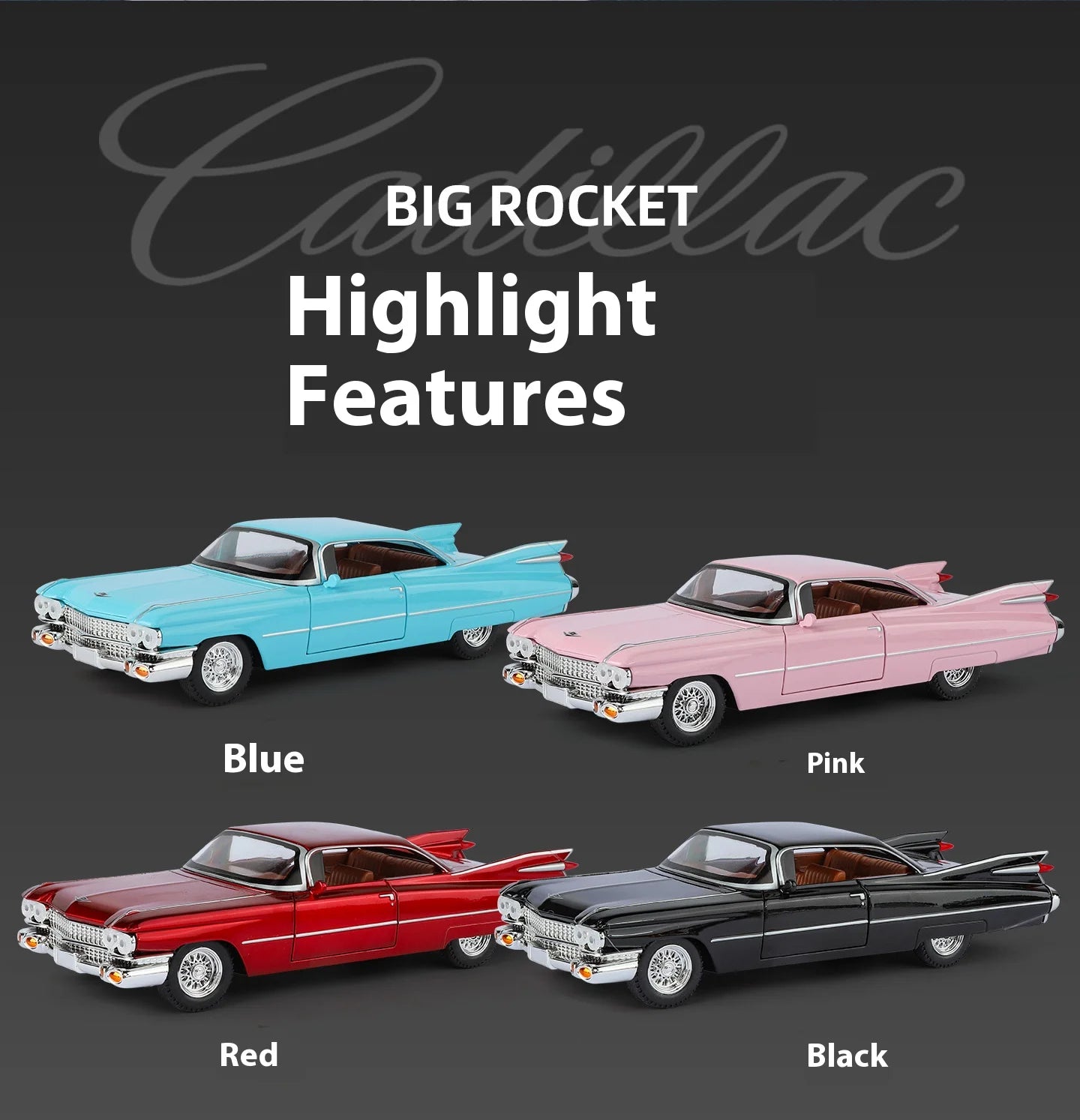 Cadillac Eldorado 1959 Metal Diecast Retro Car Model 1/24 Scale Sound and Light Back Pull Boy Gift Ornament Halloween Toys