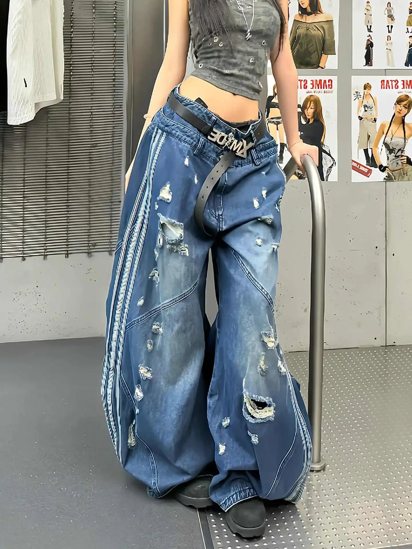 Vintage Blue Women Ripped Jeans High Waist Hip Hop Straight Baggy Denim Pants Streetwear Y2K American Retro Wide Leg Trousers