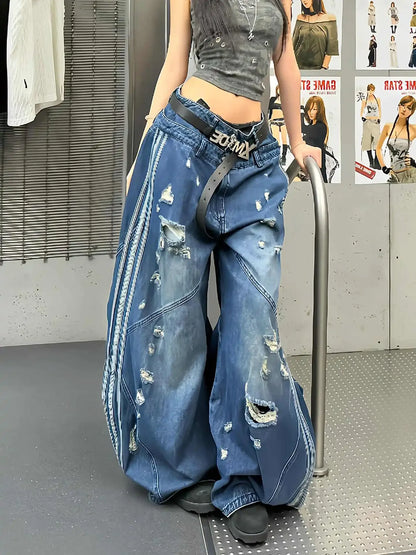 Vintage Blue Women Ripped Jeans High Waist Hip Hop Straight Baggy Denim Pants Streetwear Y2K American Retro Wide Leg Trousers