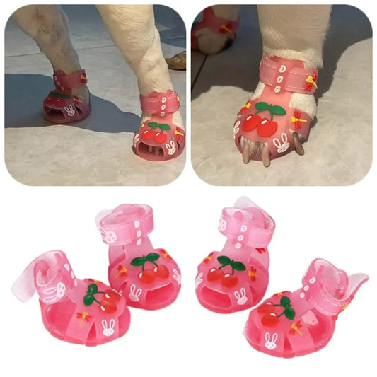 4Pcs/Set Cartoon Dog Summer Jelly Sandals Non-slip Adjustable Breathable Dog Shoes Waterproof Wear-resistant Dog Paw Protector