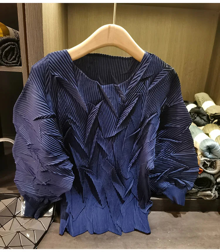 LANMREM New Batwing Sleeve Pleated Women's T-shirt American Style Loose Versatile Chic Round Collar Pullover Tops 2DB6558