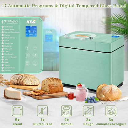 Bread Maker 2.2LB with Dual Heaters, 710W Convection Bread Machine with Ceramic Pan & Auto Nut Dispenser, 17-in-1 Stainless