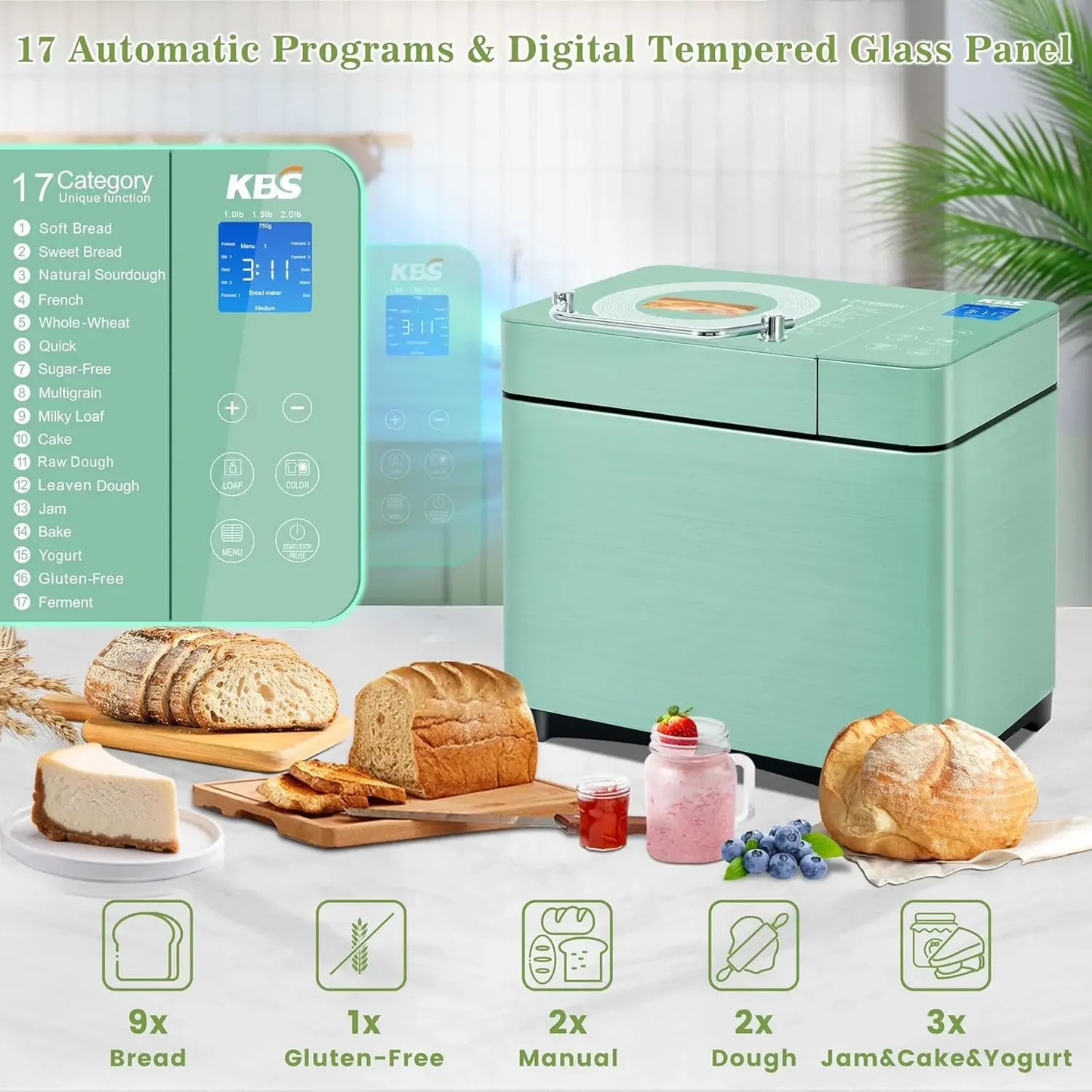 Bread Maker 2.2LB with Dual Heaters, 710W Convection Bread Machine with Ceramic Pan & Auto Nut Dispenser, 17-in-1 Stainless