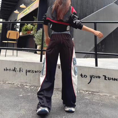 European Style Casual Pants for Women 2026 Spring Summer New Large Pocket Letter Print Embroidery Patchwork Denim Trousers Trendy