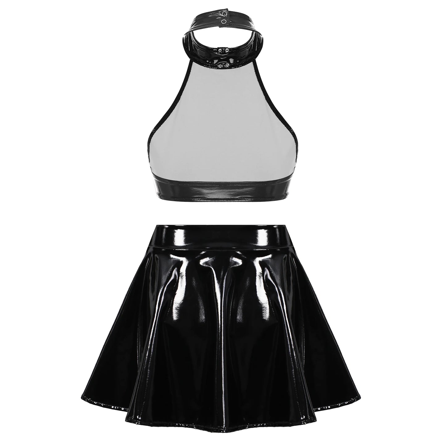 Women's Patent Leather Backless Sleeveless Halter Crop Tops with Invisible Zipper Flared Skirt Rave Party Pole Dance Clubwear