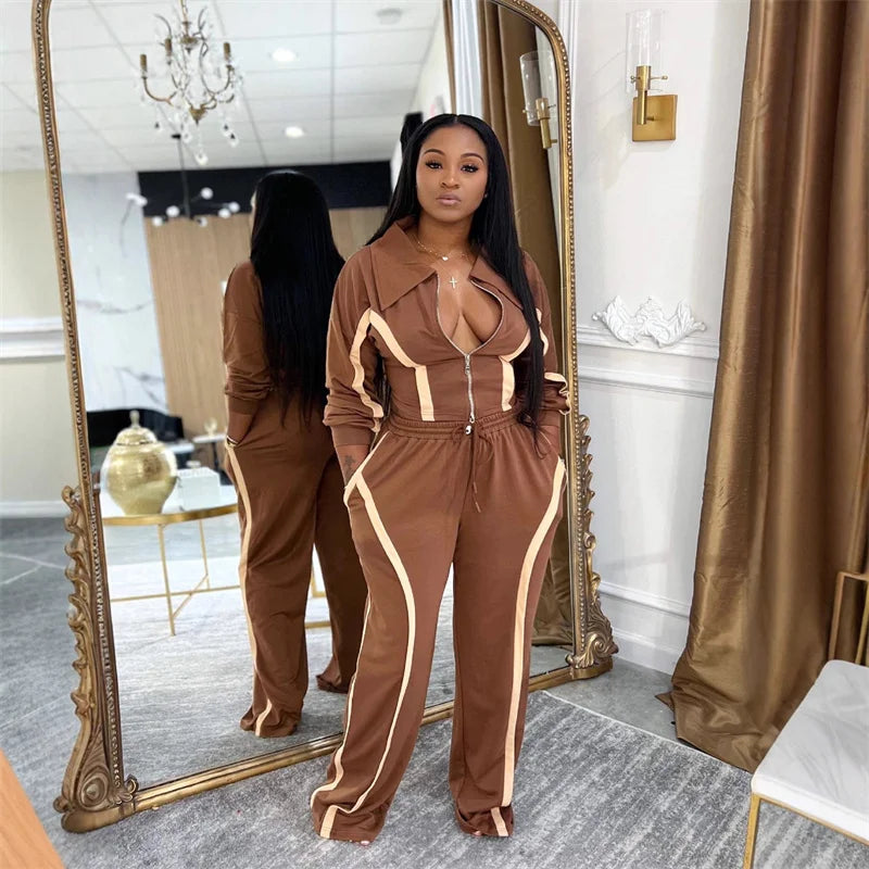 Doyerl Striped Casual Two Piece Set Woman Tracksuit Sports Joggers Zip Long Sleeve Jacket and Sweatpants Matching Sets Outfits