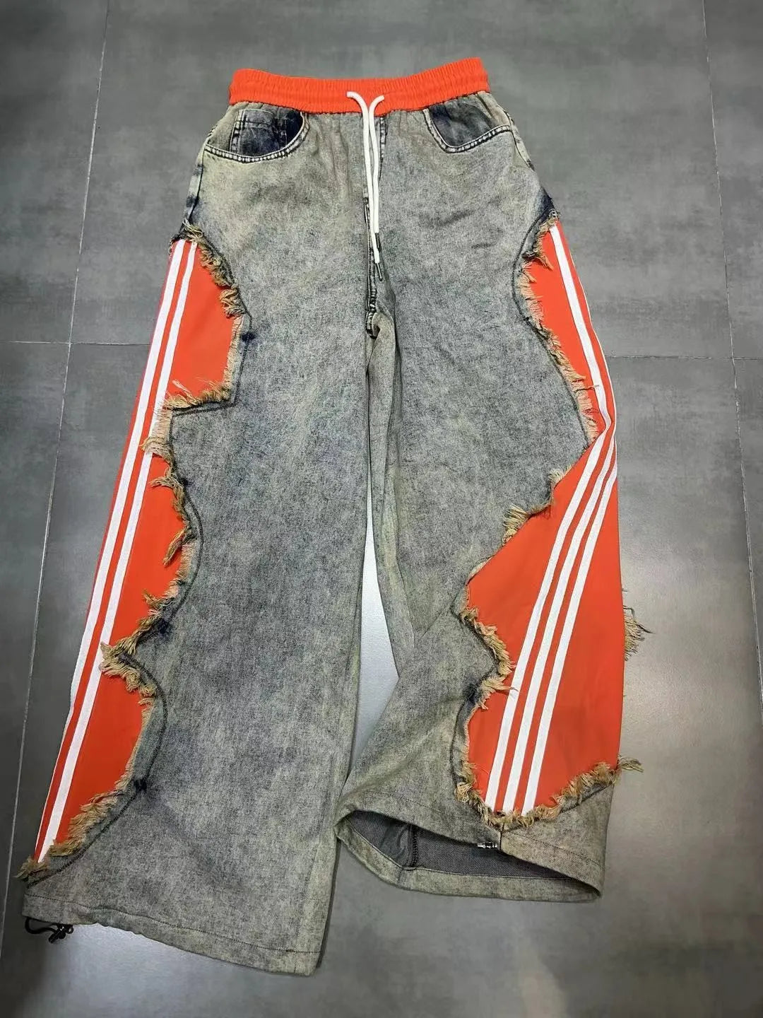 Trendy Drawstring Casual Women's Jeans Spring Summer New Style Side Color Block Striped Washed Grey Pants Natural Waist Denim