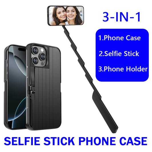 Multi-functional Case For iPhone 15 16 Pro/ProMax 60cm Built-In Selfie Stick For Bluetooth Connection Shockproof Cover Holder
