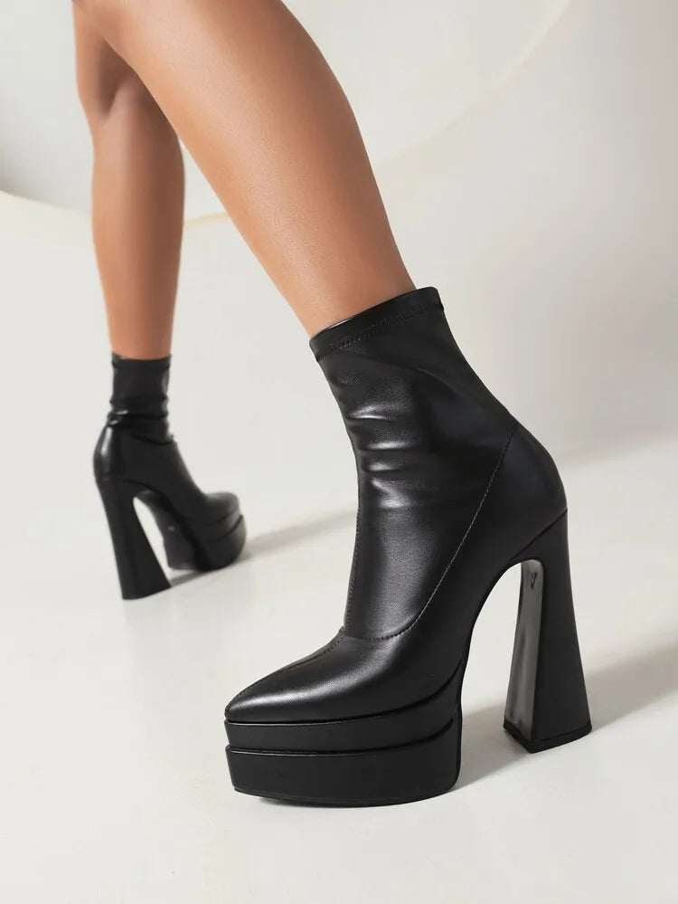 New 2026 Style Fashion High-heeled Women's Boots Solid PU Pointed Toe Zipper Platform Square Heel Women's Boots