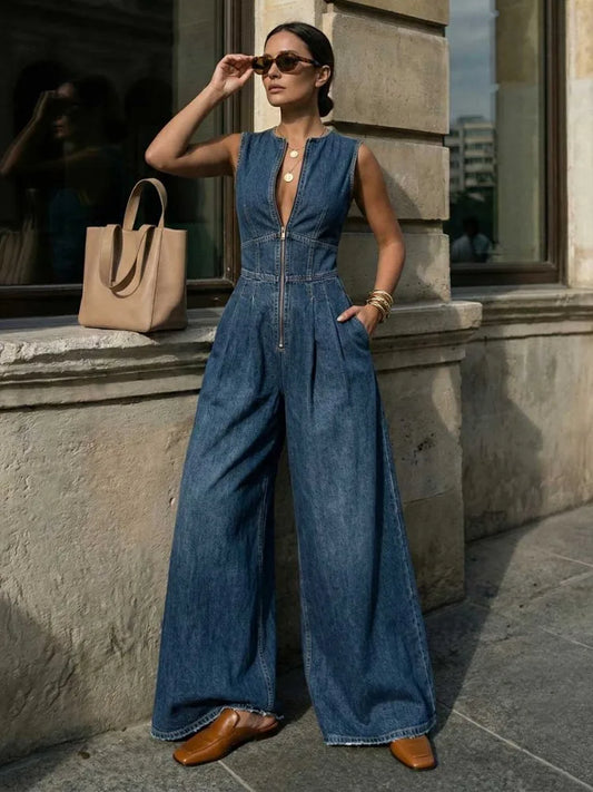 Yeezzi 2026 New Casual Sleeveless Denim Jumpsuits For Women High Waisted Wide Leg Loose Daily Wear Date Night Summer Jean Romper