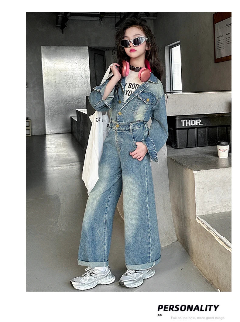 2025 Spring teen Kids girl Denim Jumpsuits Long Sleeve Overalls Children Fashion Jeans Loose Trousers Korean junior Girls Outfit