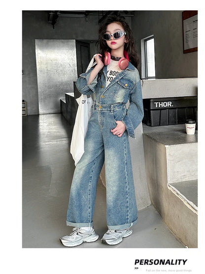2025 Spring teen Kids girl Denim Jumpsuits Long Sleeve Overalls Children Fashion Jeans Loose Trousers Korean junior Girls Outfit