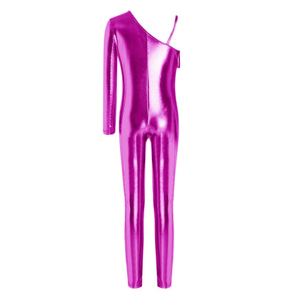 Kids Girls Metallic Shiny Ballet Dance Unitards Figure Skating Acrobatics Gymnastics Leotard One Shoulder Long Sleeve Jumpsuit