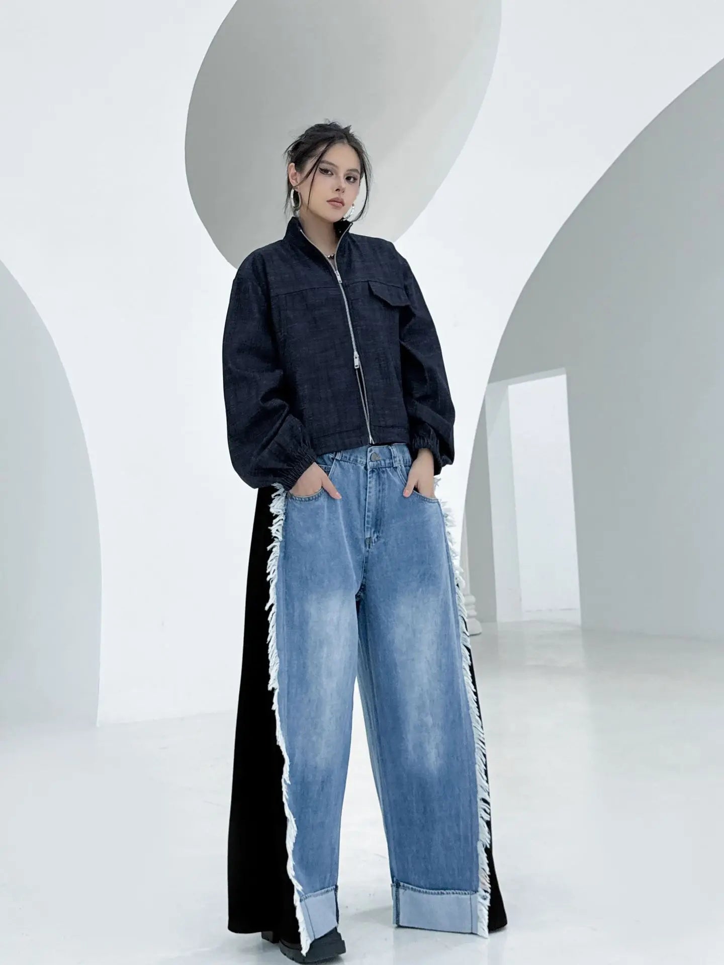 NYFS Europe United States Patchwork Loose plus Size Women's Jeans Elastic Waist Trousers Autumn Fashion Denim Wide-leg pants