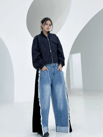 NYFS Europe United States Patchwork Loose plus Size Women's Jeans Elastic Waist Trousers Autumn Fashion Denim Wide-leg pants