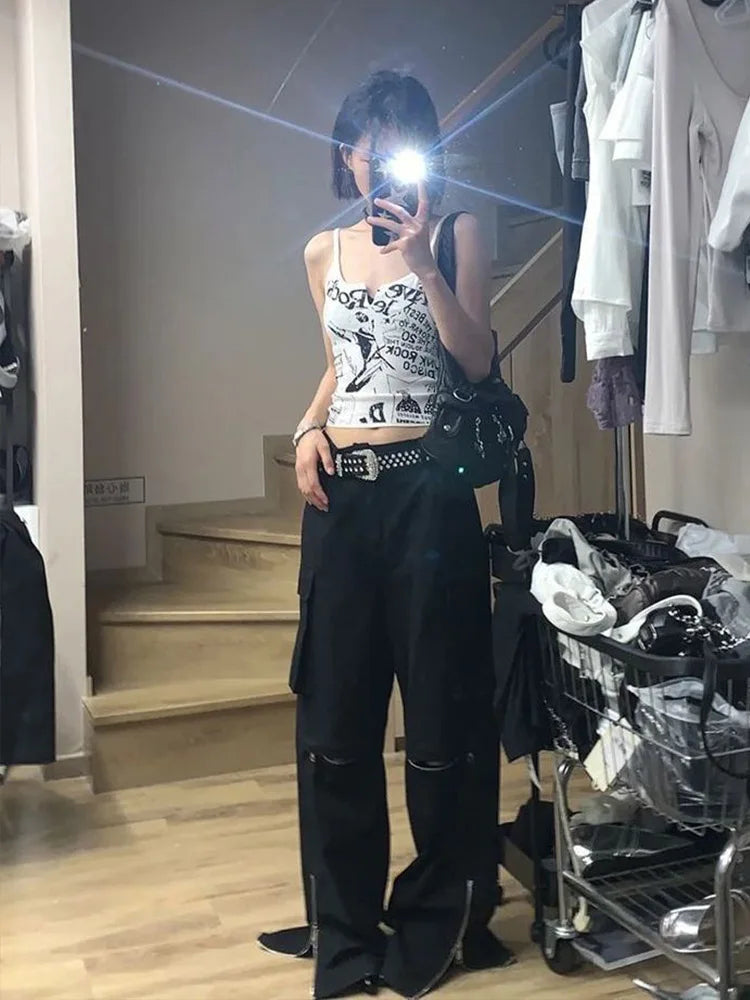 Y2K E-Girl Punk Print Sleeveless Ribbed Knit Tank Top For Women 2000s Crop Top Summer Fairy Grunge 90s Hippie Tee Korea Fashion